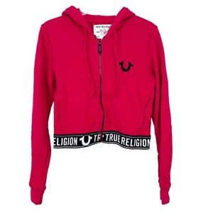 True Religion Women’s Red Cropped Full Zip Hoodie Size  S/P pockets